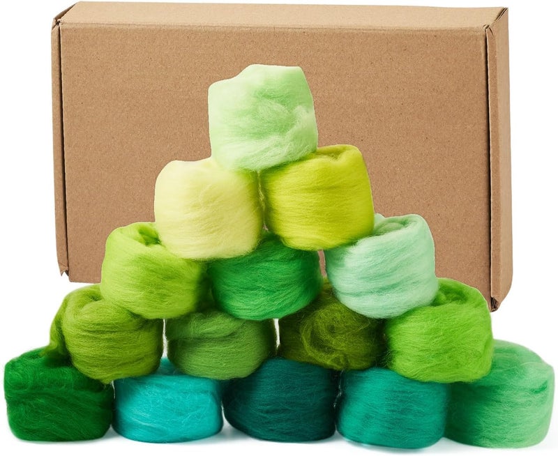 Boutigem 15 Colors 75G Green Needle Felting Wool Roving for DIY Crafts, Green Wool Roving for Spinning, DIY Fiber Wool Yarn, Roving Needle Felts Wool Supplies for Hand Spinning, Weaving and Blending - Image 2
